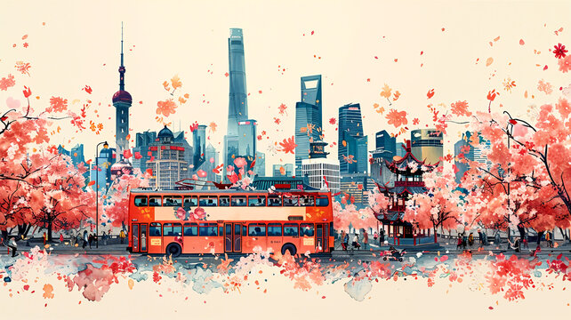 An illustration depicting springtime in Shanghai