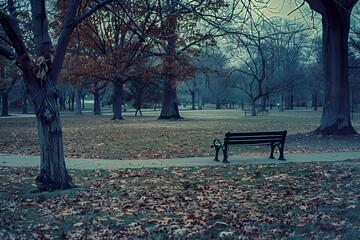 Solitary Park Bench on Autumn Day