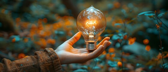 A closeup of a persons hand holding a lightbulb symbolizing creativity and business vision. Concept Hand Holding Lightbulb, Creativity, Business Vision, Closeup Photo - obrazy, fototapety, plakaty