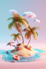 Fototapeta na wymiar A 3d tropical vacation concept, isolated on a pastel background. With ocean waves, palm trees, flip flops and sunglasses.
