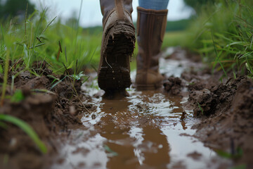 A person is walking through a muddy field with their boots in the mud. Concept of adventure and exploration, as the person is venturing into the muddy terrain. Generative AI