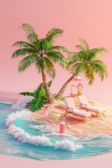 A 3d tropical vacation concept, isolated on a pastel background. With ocean waves, palm trees, flip flops and sunglasses.