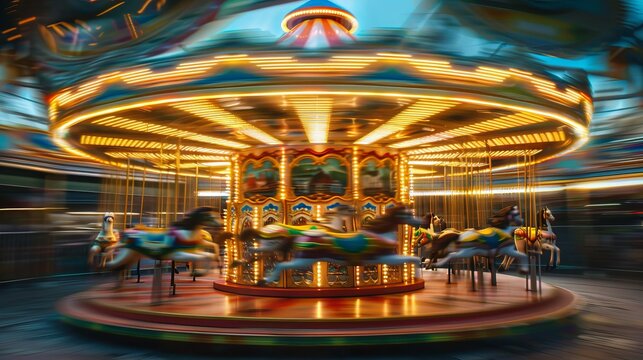 colorful carousel in motion in an amusement park with bright lights