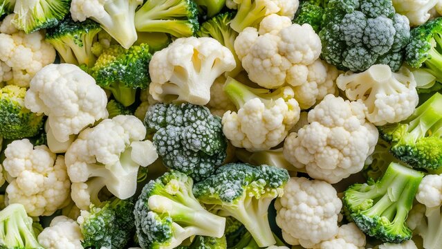 mixed frozen broccoli and cauliflower close-up wallpaper texture pattern background