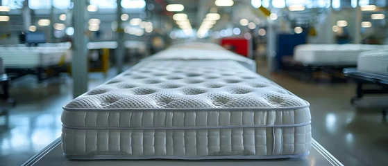 Tuinposter Efficient Mattress Production: Modern Factory Setting with Automated Machinery. Concept Automated Machinery, Factory Setting, Modern Technology, Efficient Production, Mattress Manufacturing © Anastasiia