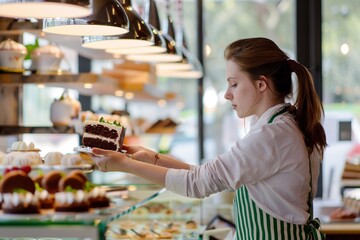 A young woman in an apron stands behind the counter of her bakery, holding out one piece of chocolate cake to be added onto another. croissants, cookies, and oversized brownies - obrazy, fototapety, plakaty