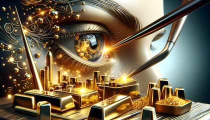 for advertisement and banner as Goldsmith Gaze An eye close up with a reflection of gold bars representing meticulous attention to detail. in Gold Crafting theme ,Full depth of field, high quality ,in