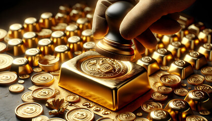 for advertisement and banner as Ingot Imprint A close up of a gold ingot being stamped with a seal of authenticity. in Gold Crafting theme ,Full depth of field, high quality ,include copy space on lef