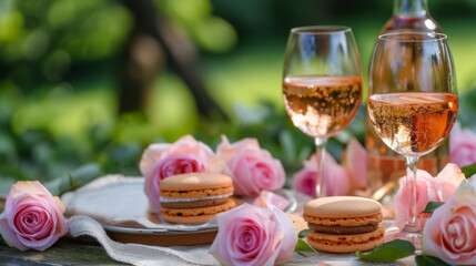 Obraz na płótnie Canvas Close up Romantic summer picnic with glass of pink wine, dessert, sweet macarons, raspberries, roses against green blurred background. Outdoor recreation concept, love, relaxation, love, copy space