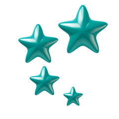 Four 3D sparkle stars collection on transparent background. Cute colourful cartoon 3d render, sparkling turquoise five pointed shining stars illustration for magic decoration, web, game, app
