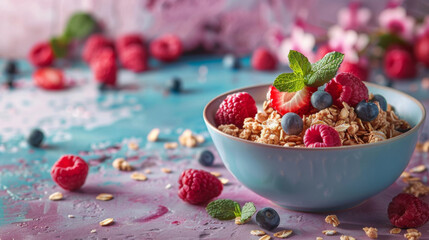 Nutritious breakfast bowl with yogurt, granola, fresh raspberries, and a sprinkle of seeds on a...