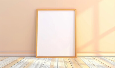 Empty Frame Mockup, Single Wooden Frame, Minimalist Interior Design: Blank Canvas Frame in a Sunlit Room with Pastel Peach Walls