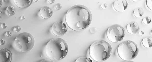 Clean transparent water drops on a white background.