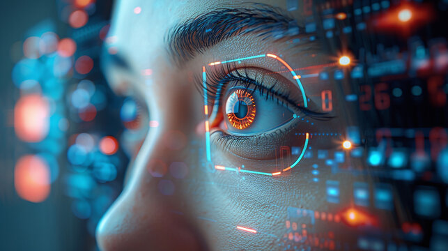 ascii human eye being scanned, eye ID, digital ID control, matrix style, metaverse