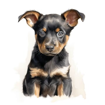 Kelpie dog. Australian kelpie dog. Australian sheepdog. Puppy clipart. Watercolor illustration. Generative AI. Detailed illustration.