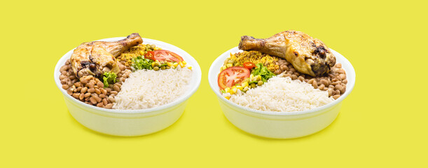 marmita or marmitex, Brazilian home-delivered lunch meal, with rice, chicken thigh, farofa and salad, beans, copy space, yellow background