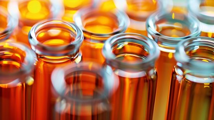 A close-up view of multiple glass test tubes filled with orange liquid, highlighting scientific research. - obrazy, fototapety, plakaty