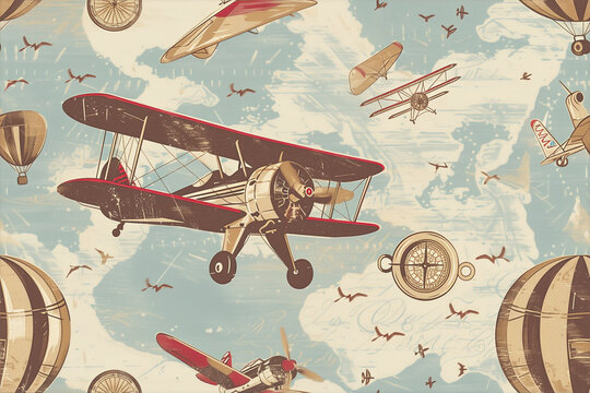 Vintage airplanes and balloons pattern