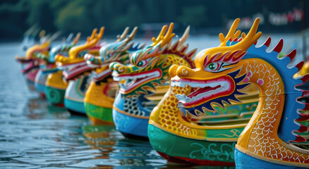 A row of colorful dragon boats with painted heads lined up on the water's surface for Dragon Boat...