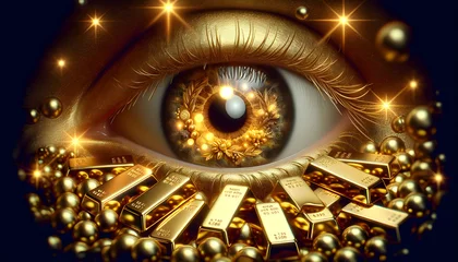 Foto op Plexiglas for advertisement and banner as Reflection of Riches The reflection in an eye showcases the glowing allure of freshly minted gold bars. in Gold Crafting theme ,Full depth of field, high quality ,inclu © Nuttakorn