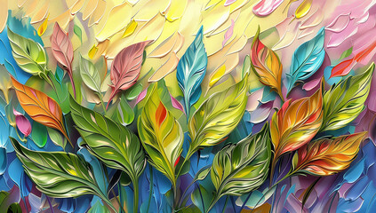 Vibrant Botanical Dance: Colorful Foliage in Abstract Oil Painting for Modern Artistic Decor