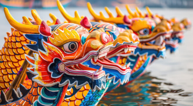 A row of colorful dragon boats with painted heads lined up on the water's surface for Dragon Boat Festival celebrations in China