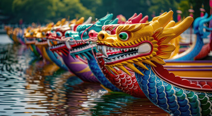 A row of colorful dragon boats with painted heads lined up on the water's surface for Dragon Boat Festival celebrations in China - Powered by Adobe