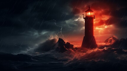  Light house in a storm with red glow and red lighting