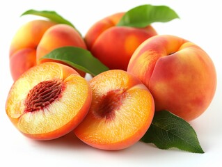 peaches with leaves on white background