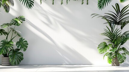 Clean and Clear White Wall with Shadow of Tropical Palm Botany Tree Leaf Pattern
