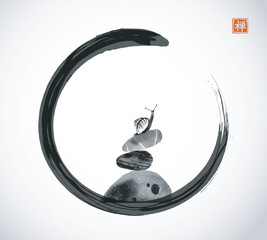 Stack of zen balanced stones with a snail on top in black enso zen circle. Traditional oriental ink painting sumi-e, u-sin, go-hua. Hieroglyph - zen - 776089632