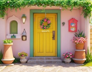 A quaint and colorful entrance to a charming house adorned with flowers and a welcoming yellow door, creating a warm, inviting atmosphere