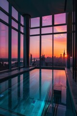 Sunset View from Modern Glass Building Interior