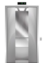 Modern passenger or cargo elevator, lifts with half closed, metallic cabins doors. Elevator door in office building. Floor indicator digits, realistic illustration