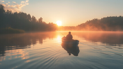 Solitary Fisherman in Boat on Calm Lake at Sunrise with Mist, AI Generation