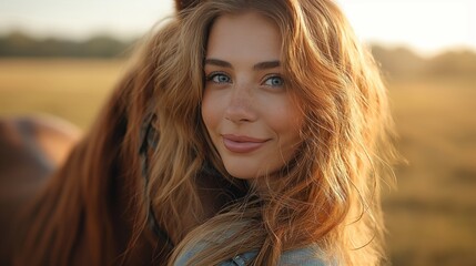 Young woman hugging horse on ranch