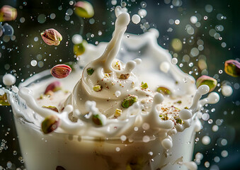 A captivating crown-shaped milk splash rises majestically with pistachios scattered in mid-air, all set against a glistening backdrop