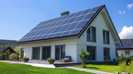 Modern comfortable village house with solar panels on the roof.