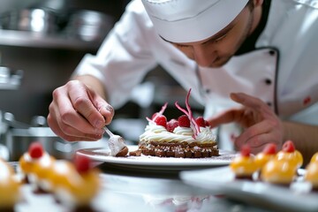 Meticulous Chef Garnishes Exquisite Desserts in a High-End Kitchen - obrazy, fototapety, plakaty
