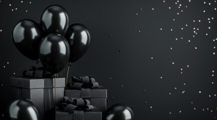 Composition of black balloons and an gifts with a gold bow on a black background. Black Friday.