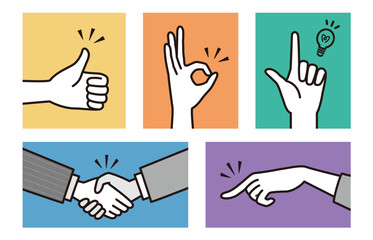 いろいろな手のポーズイラストセット　ハンドサイン　カラフル