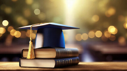 Graduation cap and books on the table with bokeh background