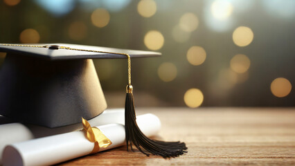 Graduation cap and diploma on the table with bokeh background
