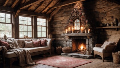 Warm and inviting interior of a rustic cabin featuring a stone fireplace adorned with fall decor, creating a serene and homely atmosphere.