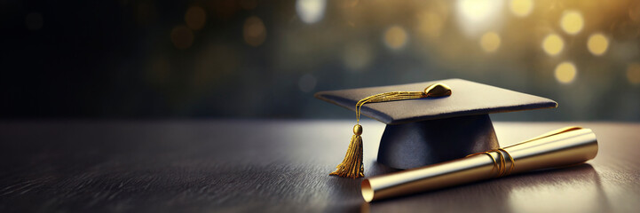 Graduation cap and diploma on the table with bokeh background