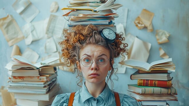 tired woman holding a pile of books jumble of documents