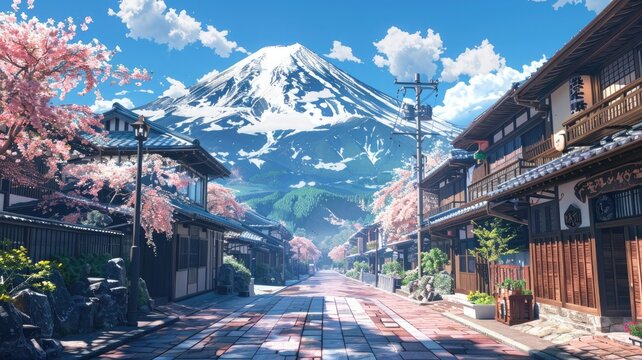 the city's perspective of Mount Fuji in anime style