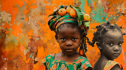 couple of happy african children on orange background - obrazy, fototapety, plakaty