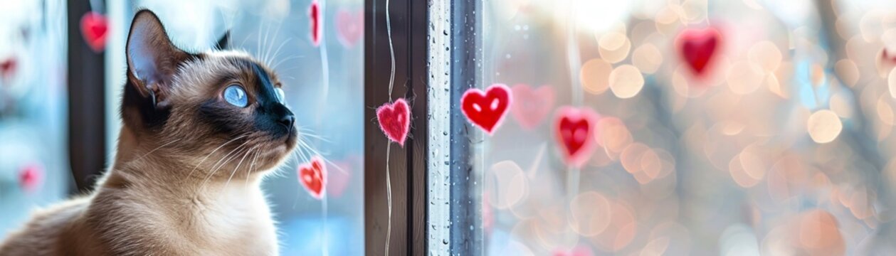 A Siamese cat gazing out a window with a whimsical expression, with a backdrop of pink and red paper hearts hanging on strings for Valentinea  s Day