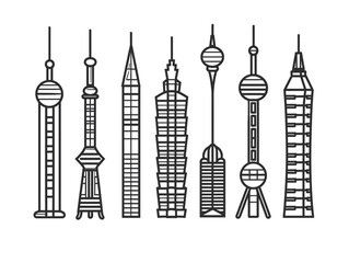 Fototapeta premium A line drawing of skyscrapers and buildings in a cityscape. The buildings are tall and vary in height